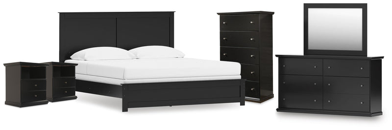 Maribel King Panel Bed, Dresser, Mirror, Chest and 2 Nightstands in Black - PKG021549