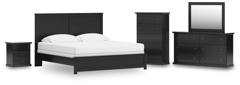 Maribel King Panel Bed, Dresser, Mirror, Chest and Nightstand in Black - PKG021552
