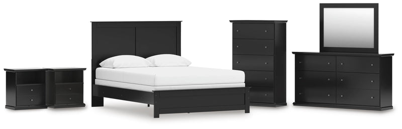 Maribel Queen Panel Bed, Dresser, Mirror, Chest and 2 Nightstands in Black - PKG021541