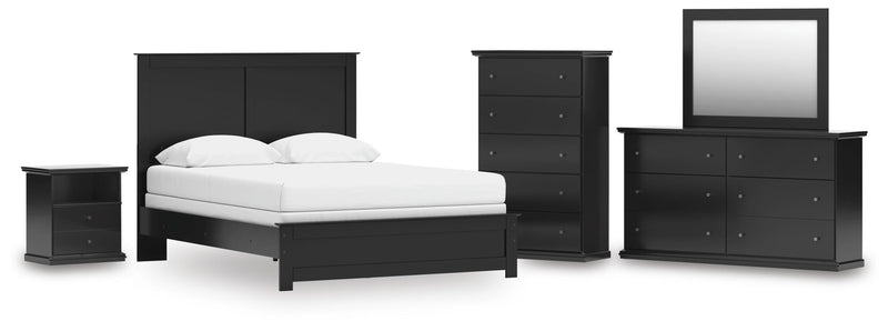 Maribel Queen Panel Bed, Dresser, Mirror, Chest and Nightstand in Black - PKG021544