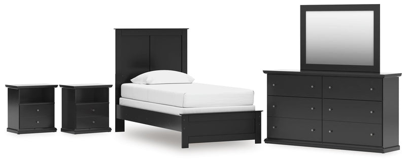 Maribel Twin Panel Bed, Dresser, Mirror and 2 Nightstands in Black - PKG021524