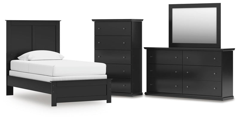 Maribel Twin Panel Bed, Dresser, Mirror and Chest in Black - PKG021527