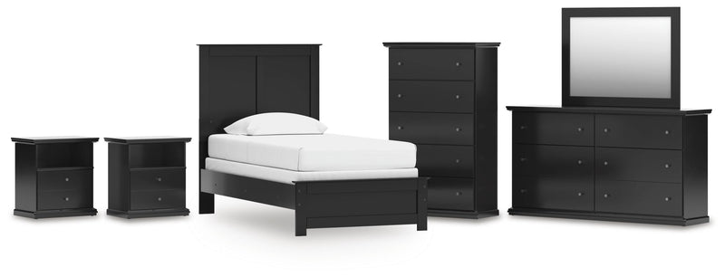 Maribel Twin Panel Bed, Dresser, Mirror, Chest and 2 Nightstands in Black - PKG021525