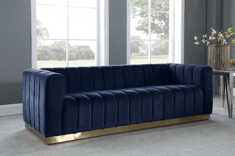 Marlon 86.5" Velvet Upholstered Sofa in Blue - 603Navy-S