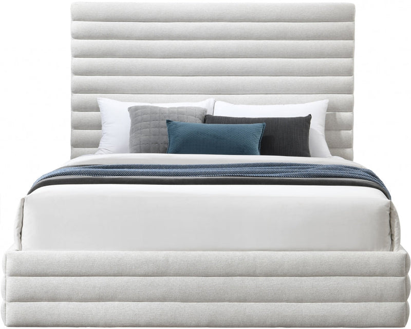 Maxwell Linen Textured Fabric Queen Bed (3 Boxes) Cream - Gate FurnitureQueen Bed