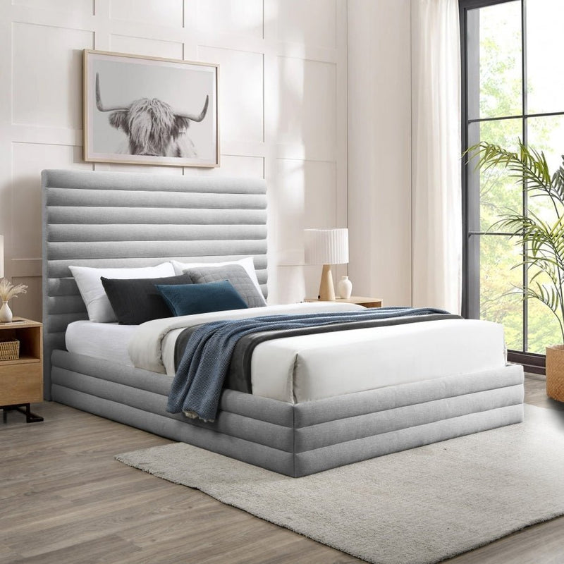 Maxwell Linen Textured Fabric Queen Bed (3 Boxes) Grey - Gate FurnitureQueen Bed