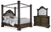 Maylee California King Canopy Bed, Dresser and Mirror in Dark Brown - PKG022428