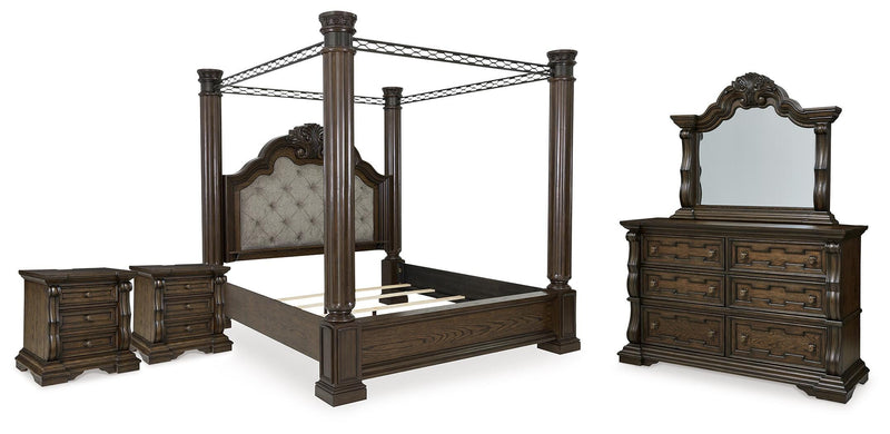 Maylee California King Canopy Bed, Dresser, Mirror and 2 Nightstands in Dark Brown - PKG022429