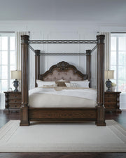Maylee California King Canopy Bed, Dresser, Mirror, Chest and 2 Nightstands in Dark Brown - PKG022430