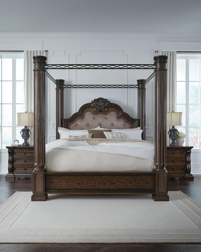 Maylee California King Canopy Bed, Dresser, Mirror, Chest and 2 Nightstands in Dark Brown - PKG022430
