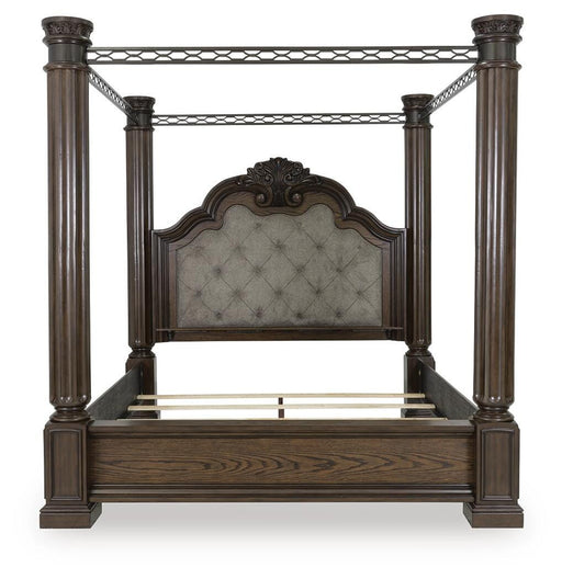 Maylee California King Canopy Bed, Dresser, Mirror, Chest and Nightstand in Dark Brown - PKG022433