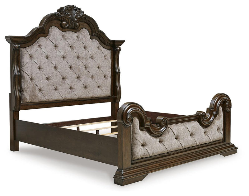 Maylee California King Upholstered Bed and 2 Nightstands in Dark Brown - PKG017053