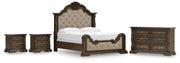 Maylee California King Upholstered Bed, Dresser and 2 Nightstands in Dark Brown - PKG017052