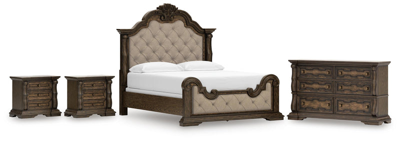 Maylee California King Upholstered Bed, Dresser and 2 Nightstands in Dark Brown - PKG017052