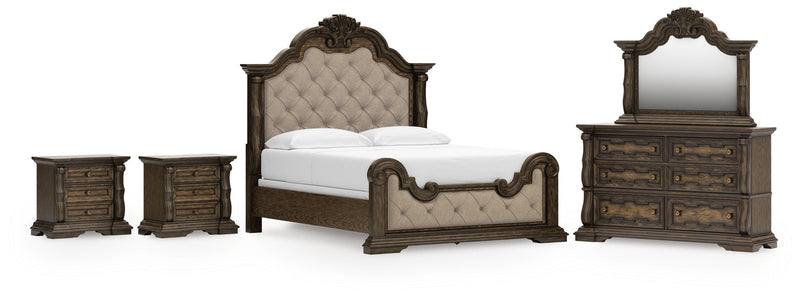 Maylee California King Upholstered Bed, Dresser, Mirror and 2 Nightstands in Dark Brown - PKG017055