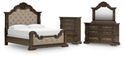 Maylee California King Upholstered Bed, Dresser, Mirror and Chest in Dark Brown - PKG017058