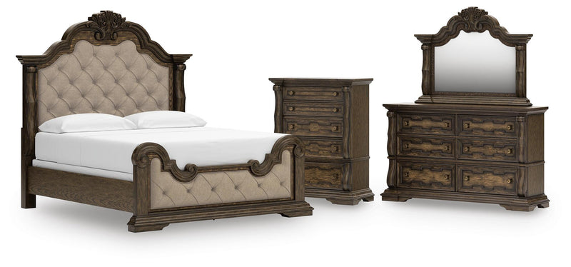 Maylee California King Upholstered Bed, Dresser, Mirror and Chest in Dark Brown - PKG017058