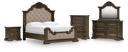 Maylee California King Upholstered Bed, Dresser, Mirror, Chest and Nightstand in Dark Brown - PKG017059