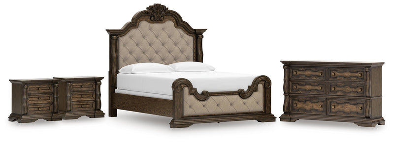 Maylee Dark Brown King Upholstered Bed, Dresser and 2 Nightstands - B947B14