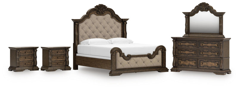 Maylee Dark Brown King Upholstered Bed, Dresser, Mirror and 2 Nightstands - B947B15