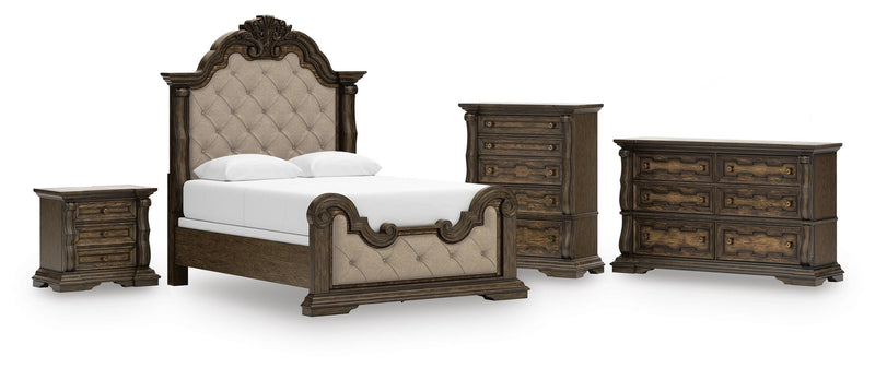 Maylee Dark Brown Queen Upholstered Bed, Dresser, Chest and Nightstand - B947B12