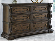 Maylee Dark Brown Queen Upholstered Bed, Dresser, Chest and Nightstand - B947B12