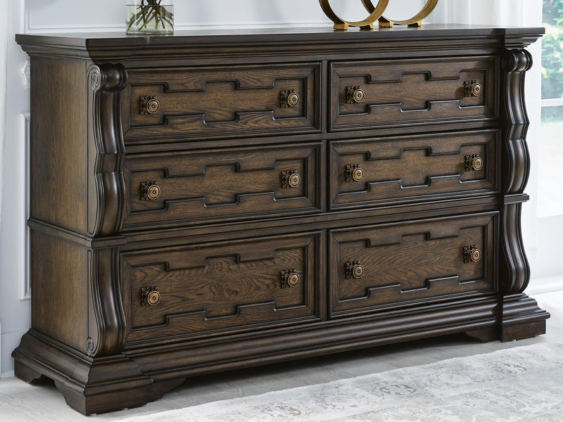 Maylee Dark Brown Queen Upholstered Bed, Dresser, Chest and Nightstand - B947B12