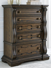 Maylee Dark Brown Queen Upholstered Bed, Dresser, Chest and Nightstand - B947B12