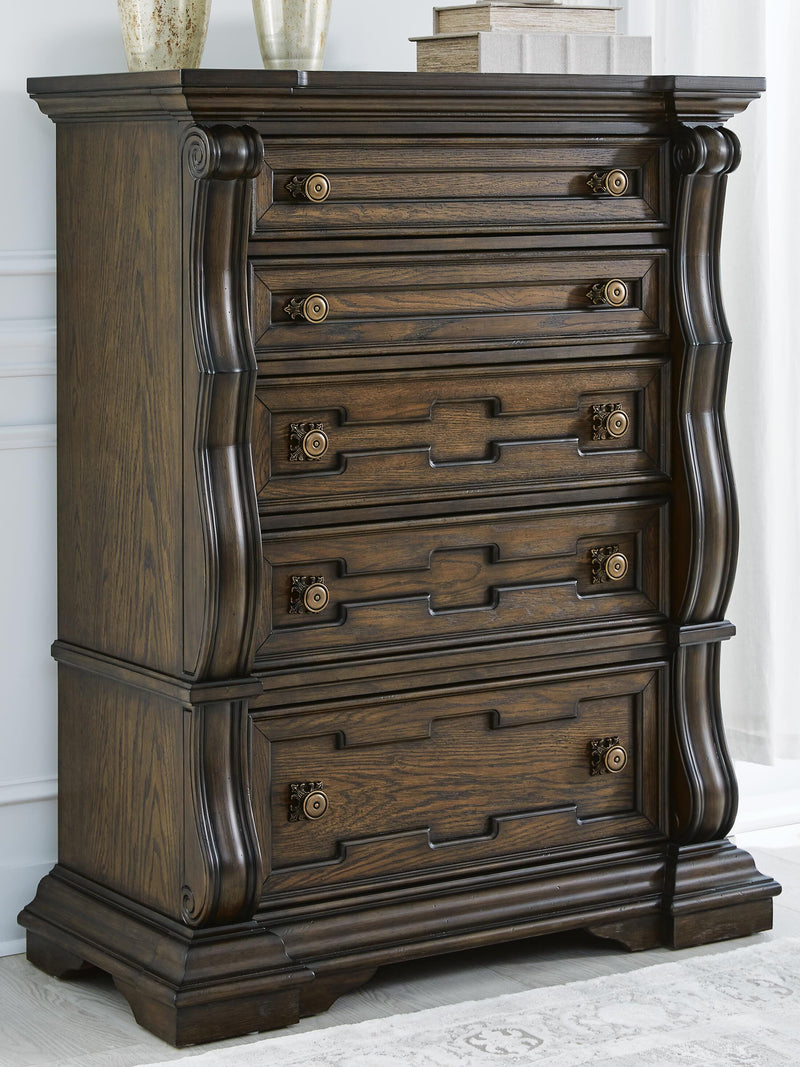 Maylee Dark Brown Queen Upholstered Bed, Dresser, Chest and Nightstand - B947B12