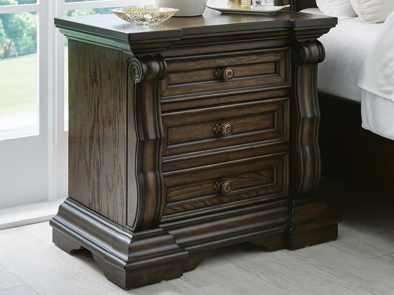 Maylee Dark Brown Queen Upholstered Bed, Dresser, Chest and Nightstand - B947B12