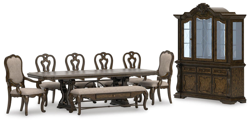 Maylee Dining Table and 6 Chairs and Bench with Storage in Dark Brown - PKG017141