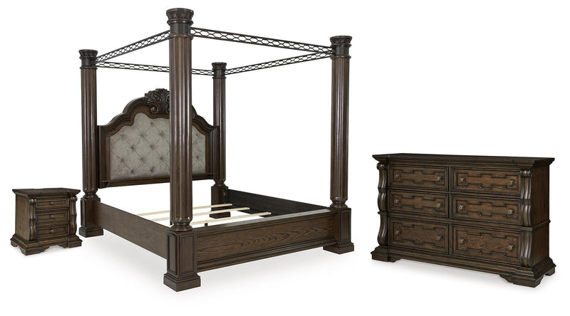 Maylee King Canopy Bed, Dresser and Nightstand in Dark Brown - PKG022427