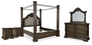 Maylee King Canopy Bed, Dresser, Mirror and 2 Nightstands in Dark Brown - PKG022421