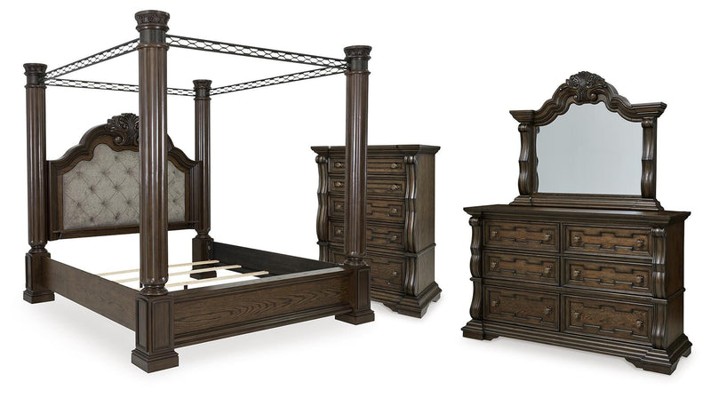 Maylee King Canopy Bed, Dresser, Mirror and Chest in Dark Brown - PKG022424
