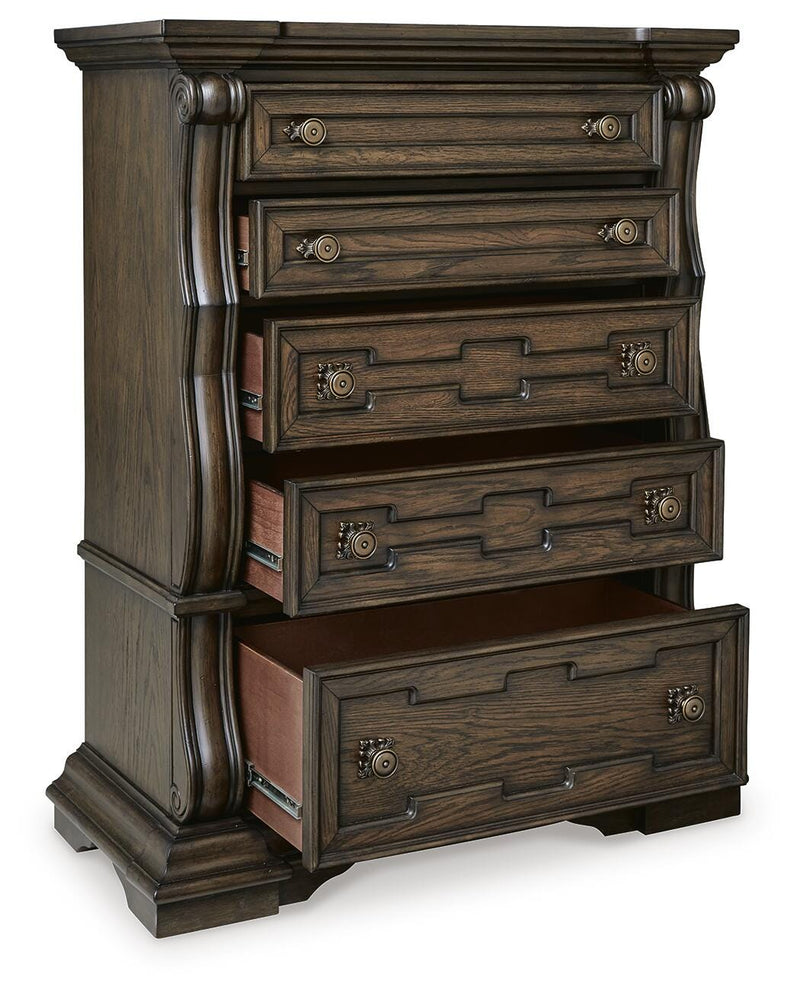 Maylee King Canopy Bed, Dresser, Mirror and Chest in Dark Brown - PKG022424