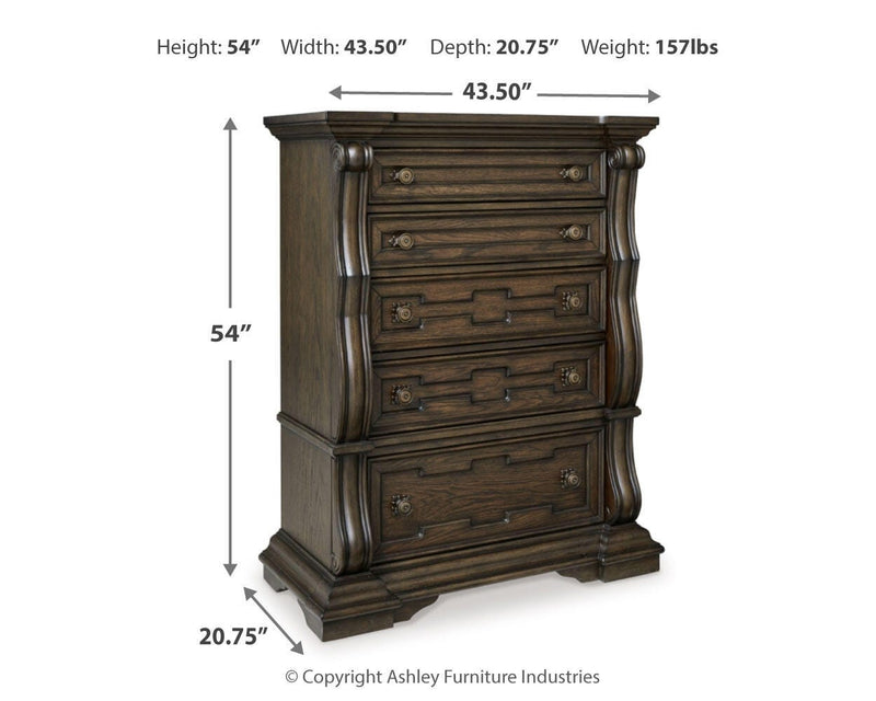 Maylee King Canopy Bed, Dresser, Mirror and Chest in Dark Brown - PKG022424