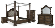 Maylee King Canopy Bed, Dresser, Mirror, Chest and Nightstand in Dark Brown - PKG022425