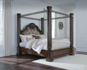 Maylee King Canopy Bed, Dresser, Mirror, Chest and Nightstand in Dark Brown - PKG022425