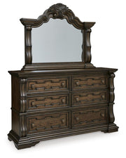 Maylee King Canopy Bed, Dresser, Mirror, Chest and Nightstand in Dark Brown - PKG022425