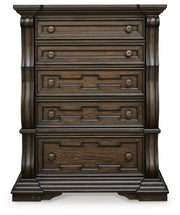 Maylee King Canopy Bed, Dresser, Mirror, Chest and Nightstand in Dark Brown - PKG022425