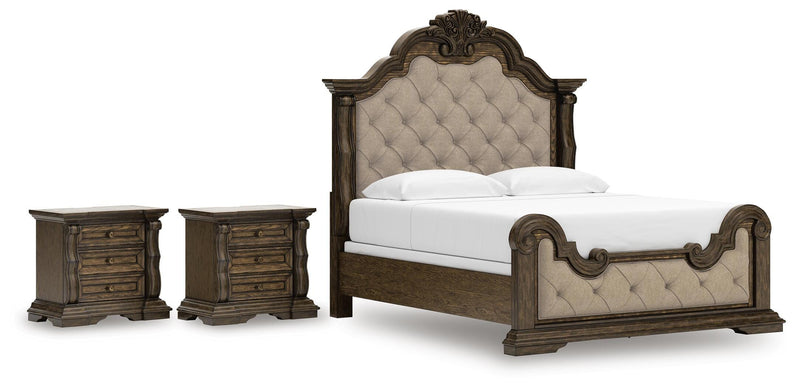 Maylee King Upholstered Bed and 2 Nightstands in Dark Brown - PKG017044
