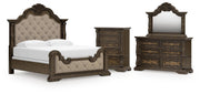 Maylee King Upholstered Bed, Dresser, Mirror and Chest in Dark Brown - PKG017049