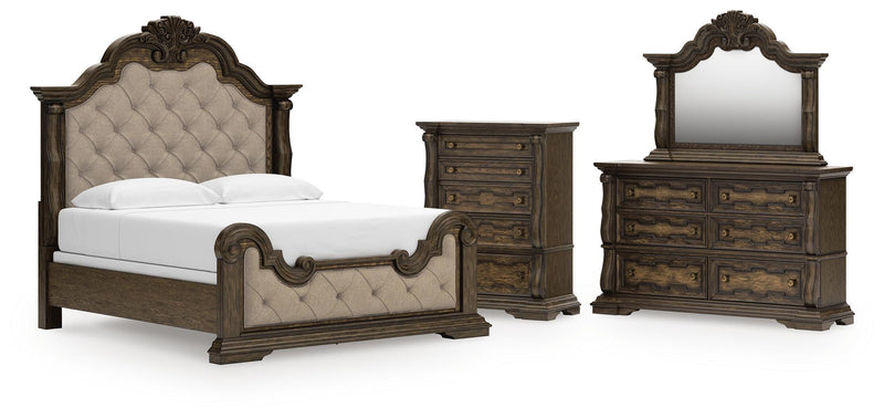 Maylee King Upholstered Bed, Dresser, Mirror and Chest in Dark Brown - PKG017049