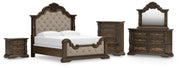 Maylee King Upholstered Bed, Dresser, Mirror, Chest and Nightstand in Dark Brown - PKG017050
