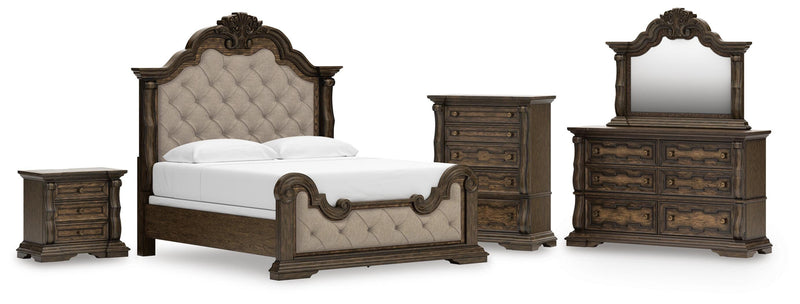Maylee King Upholstered Bed, Dresser, Mirror, Chest and Nightstand in Dark Brown - PKG017050