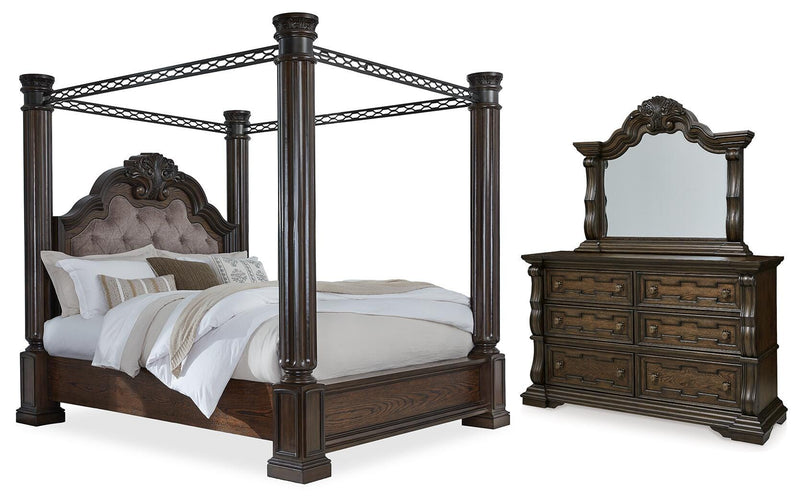 Maylee Queen Canopy Bed, Dresser and Mirror in Dark Brown - PKG022436