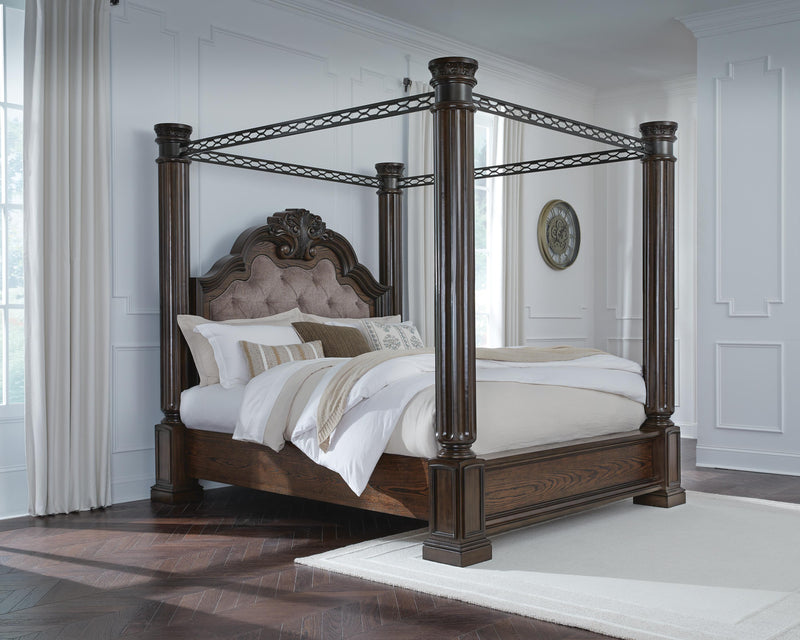 Maylee Queen Canopy Bed, Dresser, Mirror and 2 Nightstands in Dark Brown - PKG022437