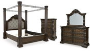 Maylee Queen Canopy Bed, Dresser, Mirror and Chest in Dark Brown - PKG022440