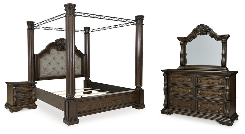Maylee Queen Canopy Bed, Dresser, Mirror and Nightstand in Dark Brown - PKG022439