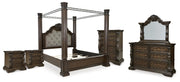 Maylee Queen Canopy Bed, Dresser, Mirror, Chest and 2 Nightstands in Dark Brown - PKG022438